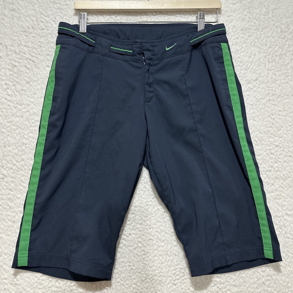 Nike Dri-Fit Sportswear Shorts Size M Navy Featuring Green Stripes on the Sides